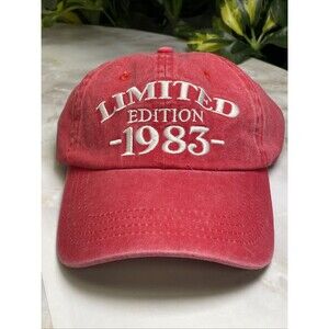 New “Limited Ed. 1983” Red Stone Wash Baseball Cap/Hat, Bronze Tone Adjustable